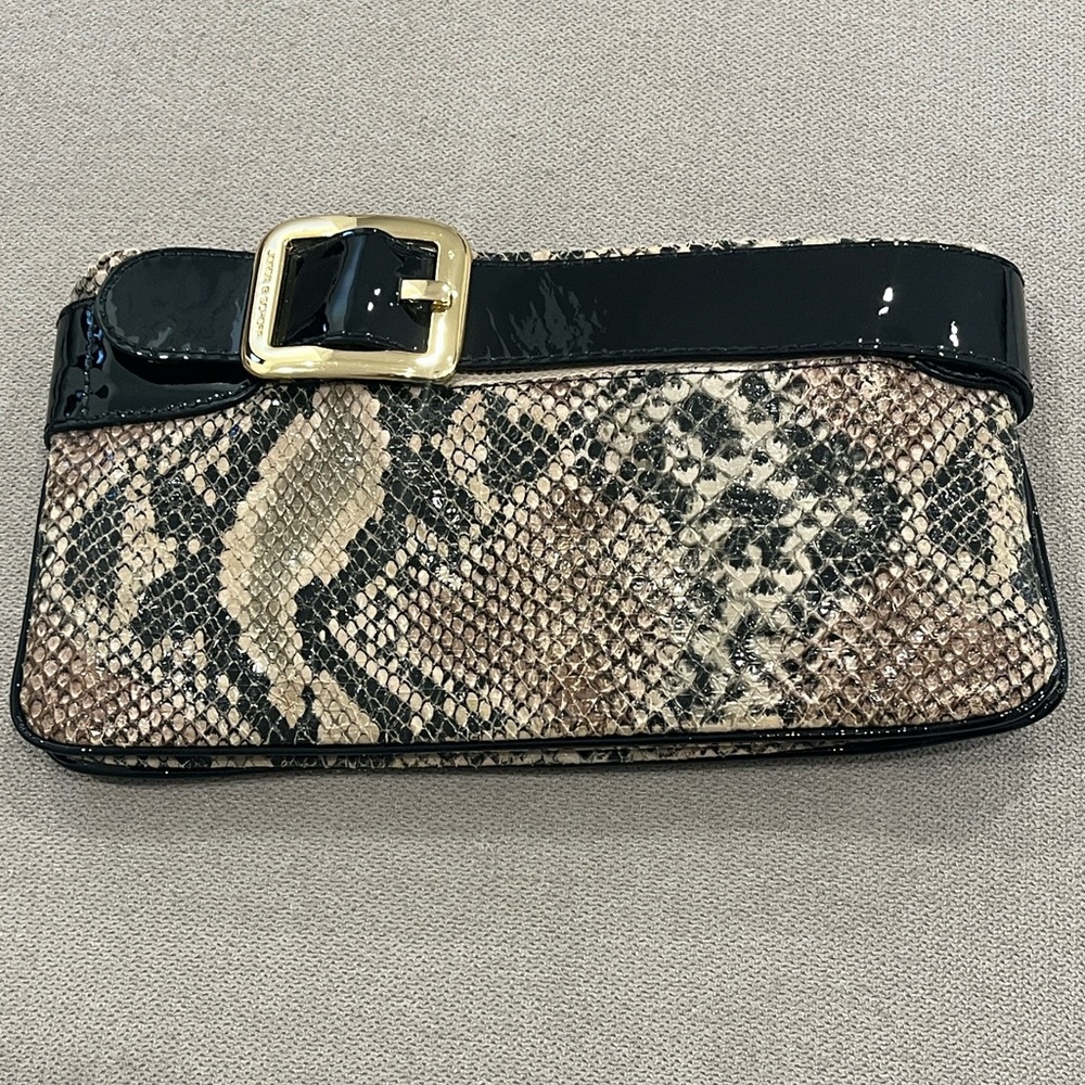 Authentic leather Snake-Print Patent Trim Wristlet with Gold Buckle